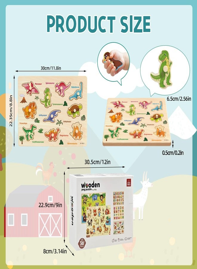 edutree Wooden Peg Puzzle for Toddlers 2-4, 5 Pack Montessori Toys Learning Educational Puzzles for Kids Girls Boys 2 3 4 Yesrs Old with Dinosaurs Farm Animal Number - Image 4